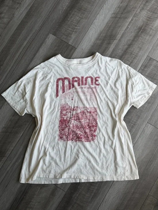 Aerie Oversized Boyfriend Graphic Tee Maine Women’s Sz M Distressed 100% Cotton - Picture 1 of 5